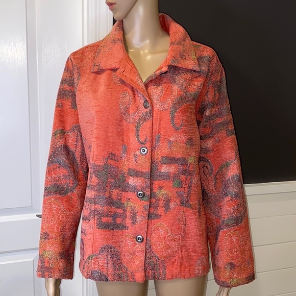 Chico's Coral Print Brushed Fabric Jacket Metal Buttons Sz 12 (Chico's 2) - Picture 3 of 5